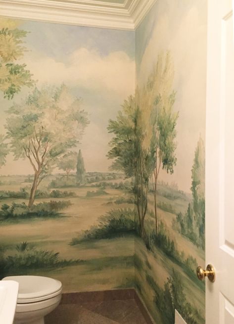 Powder Room Chinoiserie, Susan Harter, Beautiful Powder Rooms, Bathroom Wall Mural, Plaster Relief, Room Murals, Bathroom Mural, Powder Room Wallpaper, French Wallpaper