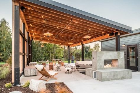 First, book a stay at the Lodges on Vashon, a property that manages to be both elegant and rustic. Outdoor Covered Patio, Vashon Island, Prefab Cabins, Concrete Fireplace, Backyard Pavilion, Pergola Patio, Concrete Patio, Pool Ideas, Backyard Patio Designs