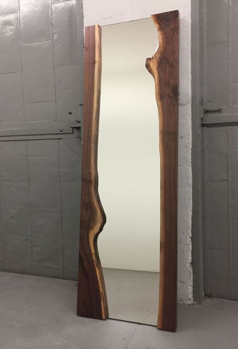 Live edge mirror shown with walnut wood slab Live Edge Mirror, Wood Slab Table, Yard Furniture, Live Edge Furniture, Slab Table, Nyc Brooklyn, Live Edge Dining Table, Contemporary Furniture Design, Reclaimed Wood Furniture