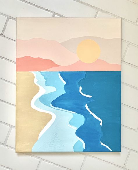 Simple Beach Canvas Painting Ideas, Calm Paintings Easy, Summer Vibe Paintings, Beachy Paintings Aesthetic, Cute Basic Painting Ideas, Ocean Simple Painting, Ocean Aesthetic Painting Easy, Summer Paintings Simple, Summer Theme Painting Ideas