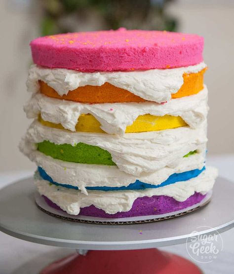 Cake With Gold Drip, White Velvet Cake Recipe, Rainbow Smash Cakes, White Velvet Cake, Rainbow Cake Recipe, White Velvet Cakes, Cake Pan Sizes, Easy Buttercream Frosting, Sugar Geek