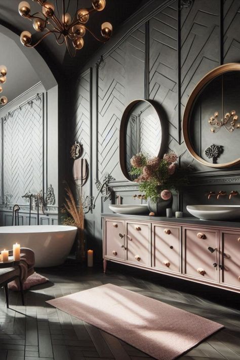 Blend drama and softness with this charcoal grey and blush pink scheme. A modern take on romantic bathroom design. #ModernBathroom #CharcoalAndPink Moody Pink Bathroom, Grey And Gold Bathroom, Bathroom With Chrome Fixtures, Peach Bathroom, Romantic Bathrooms, Dark Bathrooms, Pink Baths, Bathroom Color Schemes, Chrome Fixtures