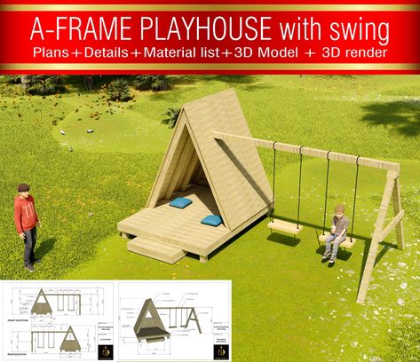 DIY A-Frame Kids Playhouse with swing, DIY plan Children Playhouse with swing , Kid's Play structure, Playhouse, Playhouse with swing Modern Play Structure, Backyard A Frame Playhouse, A Frame Kids Playhouse, Simple Open Playhouse For Kids, Playhouse With Bridge, A Frame Playhouse, Giant Outdoor Games, Play Structures For Kids, Modern Playhouse