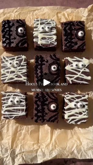 1.5K views · 15 reactions | Hocus Pocus Book and Mummy Brownies  If you are looking for a last minute, easy Halloween dessert idea for tomorrow, Make these boxed brownie Hocus pocus book and mummy brownies. Sure to be a crowd pleaser.  Hocus Pocus Book + Mummy Brownies 1 boxed brownie mix of choice 1/4 cup white chocolate chips 1 tsp coconut oil Candy eyes Black cookie decorating gel  Instructions: 1. Prepare brownies according to instructions on box  2. Let brownies cool completely before slicing. I like to stick mine in freezer for 30 minutes, to help get clean cuts  3. Slice into desired size bars 4. For mummies:  melt white chocolate with coconut oil, add to a squeeze bottle or zip lock bag and cut a small piece off corner of bag. Drizzle white chocolate all over brownies and add 2 can Brownie Mummies, Hocus Pocus Brownies, Chocolate With Coconut Oil, Mummy Brownies, Hocus Pocus Book, Candy Eyes, Refined Coconut Oil, Halloween Dessert, Melting White Chocolate