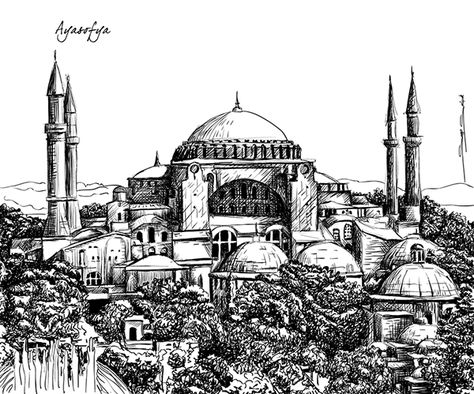 Different parts of Istanbul drawn for a construction company in Istanbul. All drawings are vector based. Mosque Drawing, Aya Sophia, Sketchbook Architecture, Gravure Printing, Architecture Antique, Byzantine Architecture, Mosque Art, Building Drawing, Architecture Sketchbook