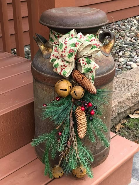 Christmas Milk Can, Porch Pots Winter, Winter Outdoor Planter Ideas, Winter Planters Front Porches, Winter Porch Pots, Outdoor Planter Ideas, Porch Pots, Winter Planters, Christmas Outside