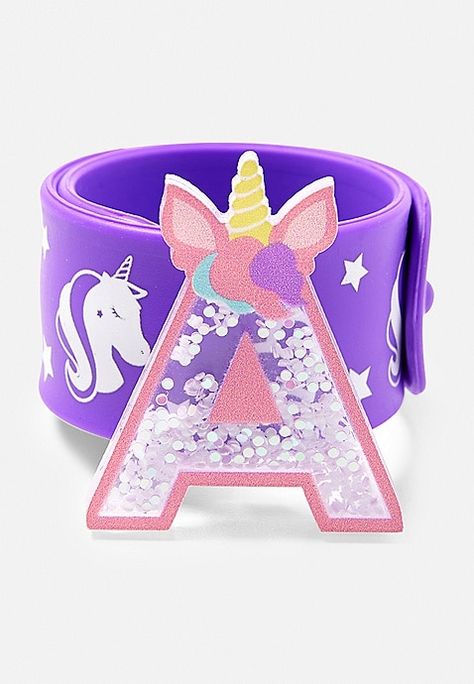 Unicorn Initial Shaky Charm Slap Bracelet | Justice Villa Minecraft, Girly Backpacks, Unicorn Accessories, Unicorn Room Decor, Justice Accessories, Unicorn Artwork, Unicorn Fashion, Bff Bracelets, Bracelets Charm