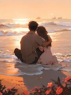 Aesthetic Couple Images, Fantasy Couples Art, Anime Couple Sitting, Couple Illustration Aesthetic, Anime Romantic Aesthetic, Couple Sunset, Images Kawaii, Bad Tattoos, Love Animation Wallpaper