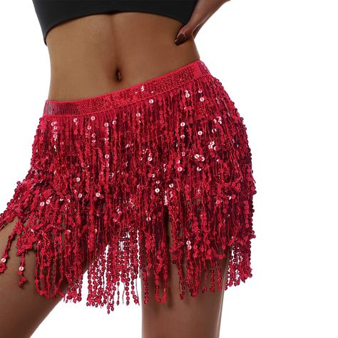 PRICES MAY VARY. 100% Spandex Made in the USA or Imported The fringed skirt is decorated with holographic shiny sequins, and the sequin fringed belly dance hip scarf is very beautiful under the light. Available in black,red,silver,blue,rose red,royal blue,yellow,green,purple color and so on. Suitable for zambia ,tango,latin,cha-cha,dance,music festival,festival performance,party,clubwear,yoga class,rave,birthday and other occasions. It is also the perfect choice to match summer bikinis,swimsuits Cheap Red Skirt For Festival, Red Tassel Festival Sets, Red Fringe Jewelry For Festival, Red Fringe Skirt, Pink Sequin Tassel Skirt, Sequin Fringe Skirt, Strap Skirt, Sparkly Skirt, Hip Scarves