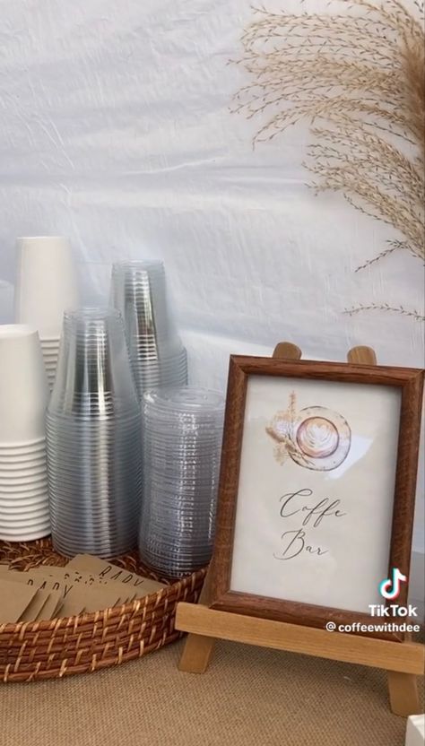 Coffee Brunch Aesthetic, Diy Bagel Stand, Brewing Baby Shower Ideas Coffee, Iced Coffee Bar Baby Shower Ideas, Iced Coffee Station Party, Wedding Coffee Bar Ideas Receptions, Coffee Theme Gender Reveal, Coffee Bar Ideas Party, Coffee Bar Event