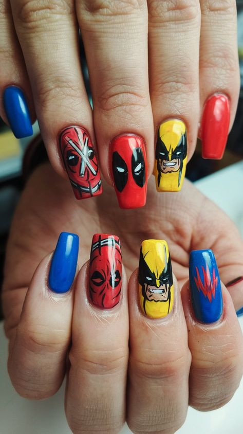 Unleash your inner superhero with these striking acrylic nails featuring a Deadpool and Wolverine theme! Each nail showcases vibrant designs, from Deadpool’s iconic mask to Wolverine's fierce claws, perfectly blending whimsy with edge. Whether you’re a comic book aficionado or just love bold nail art, these nails are sure to make a statement. Get ready to flaunt your style and channel your favorite Marvel characters! #NailArt #MarvelNails #Deadpool Deadpool Nails Acrylic, Deadpool Inspired Makeup, Wolverine Nails, Bold Nail Art, Deadpool Halloween, Marvel Nails, Deadpool And Wolverine, Deadpool Wolverine, Acrylic Nail Art