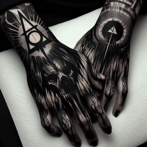 Back Tattoos For Guys Aesthetic, Demonic Hand Tattoos, Gothic Hand Tattoo Men, Blackout Hand Tattoo, Blackwork Hand Tattoo, Satanic Tattoo Design, Druid Tattoo, Gotik Tattoo, Wing Tattoo Men