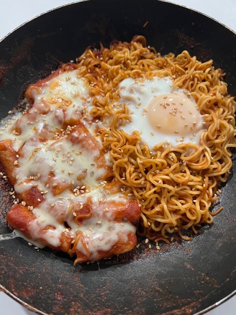 cheese tteokbokki korean ramen egg aesthetic dinner food lunch eice cake gochujang chili spicy Ramen With Cheese And Egg, Korean Tteokbokki Ramen, Ramen With Sausage And Egg, Ramen With Egg Aesthetic, Korean Ramen Aesthetic Night, Corn Dogs, Cheese Eggs, Egg, Noodle Dishes