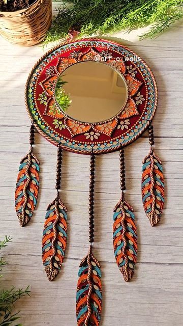 Lippan Art Dream Catcher, Clay Mirror Art, How To Draw Patterns, Clay Mirror, Mirror Canvas Art, Lipan Art, Clown Crafts, Painted Mirror Art, Relief Painting