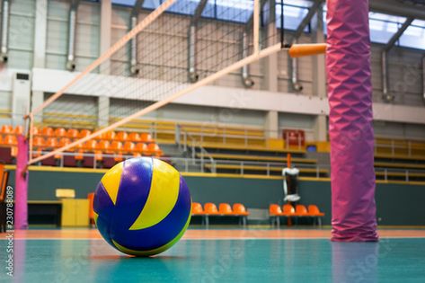 Stock Image: Yellow-blue volleyball on the floor in the gym, team of athletes playing volleyball Playing Volleyball, Play Volleyball, In The Gym, On The Floor, Fun Fact, The Floor, Ball Exercises, The Gym, Volleyball