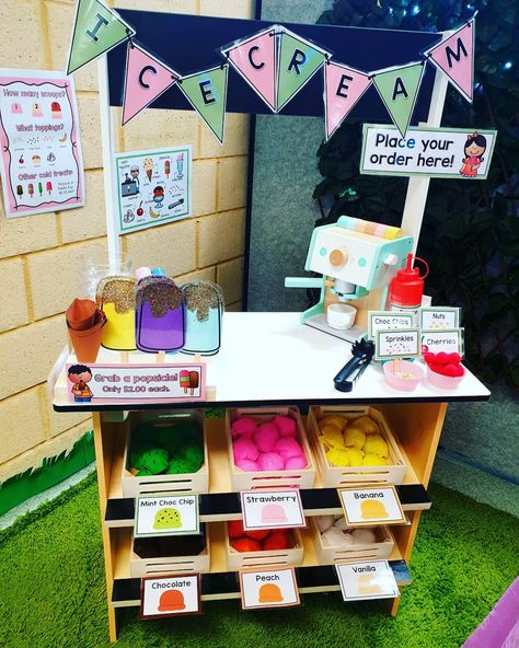 Ice-cream parlour dramatic play Ice Cream Corner Ideas, Ice Cream Parlour Dramatic Play, Ice Cream Dramatic Play Preschool, Ice Cream Parlour Role Play, Ice Cream Dramatic Play, Ice Cream Shop Dramatic Play, Play Ice Cream, Diy Lemonade Stand, Dramatic Play Themes