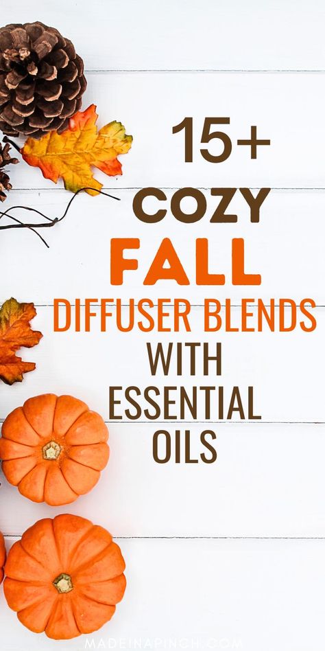 white wood table background with mini pumpkins and fall leaves on the left side and in the center the words "15+ Cozy Fall Diffuser Blends With Essential Oils" Fall Essential Oil Blends For Diffuser, Thanksgiving Essential Oil Blends, Diy Diffuser Oil, November Diffuser Blends, Thanksgiving Diffuser Blends, Fall Diffuser Blends Young Living, Essential Oil Blends For Diffuser, Orange Essential Oil Blends, Diy Oil Diffuser