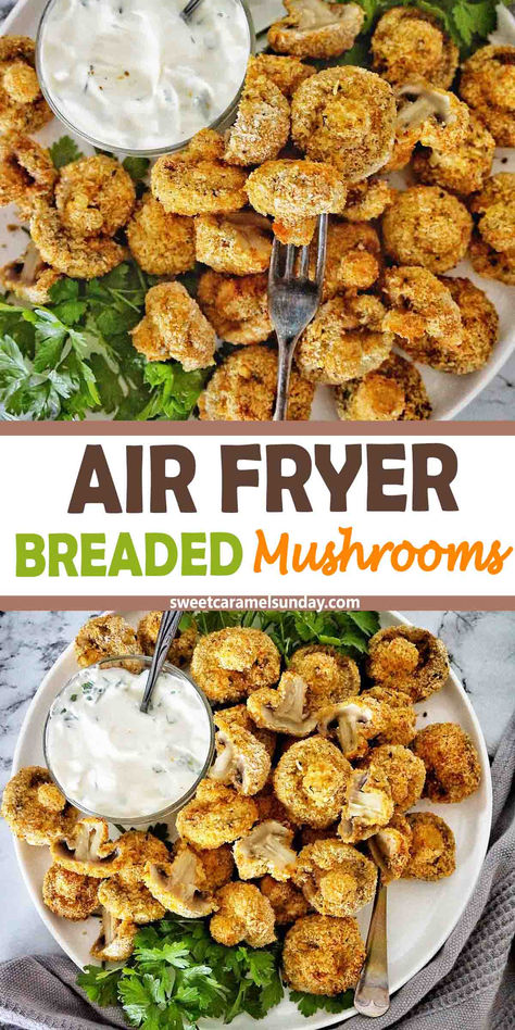 Breaded mushrooms on white plate with small bowl of sauce and fork. Crumbed Mushrooms, Crispy Mushrooms Recipe, Air Fried Vegetable Recipes, Fried Mushroom Recipes, Breaded Mushrooms, Mushroom Appetizers, Fried Recipes, Recipe Air Fryer, Fried Mushrooms