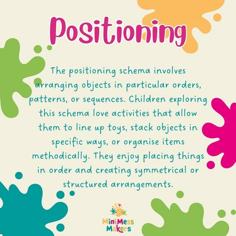 Positioning! Have you noticed your little one lining up all of their toys? Or perhaps they like to create patterns with different objects? Positioning is a popular schema. I often see children at our sessions lining things up. Here's all you need to know about the positioning schema. #sensoryandmessyplay #toddlerclassescornwall #babygroupcornwall #edibleplay #minimessmakers #myminimessmaker #messyplaycornwall ##schemasofplay Schema Play, Learning Stories Examples, Early Childhood Education Resources, Daycare Classroom, Learning Stories, Playful Learning, Skill Building, Toddler Stuff, Teaching Quotes