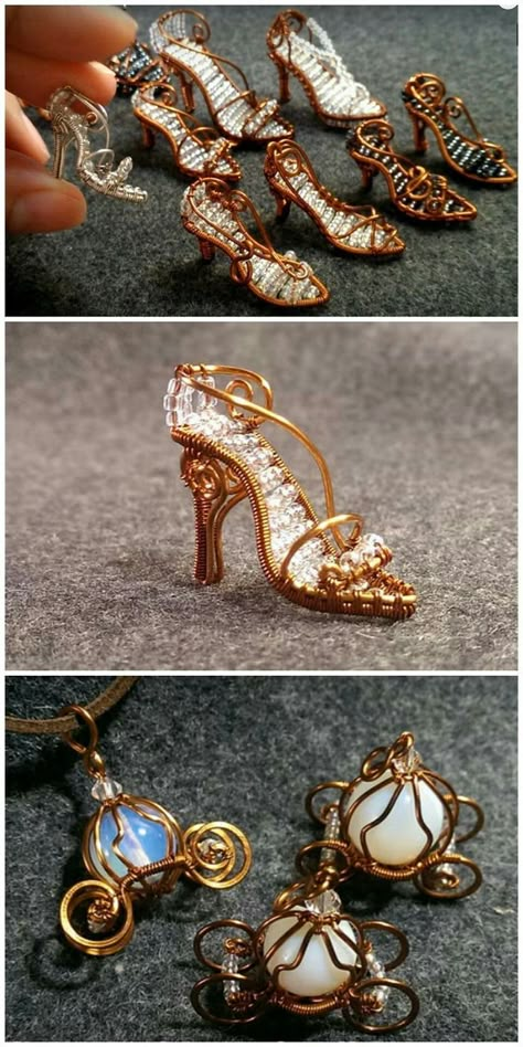 Pumpkin Slippers, Cinderella Diy, Wire Jewelery, Wire Wrapping Diy, Wire Jewelry Making, Glass Slippers, Bijoux Fil Aluminium, Cinderella Shoes, Wire Jewelry Designs