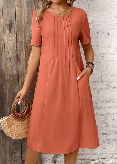 ROTITA Pocket Brick Red A Line Round Neck Dress | Rotita.com - USD $27.98 Dresses With Tennis Shoes, Dress Outfits Party, Women's A Line Dresses, Round Neck Dress, Cotton Linen Dresses, A Line Shorts, Red A, Round Neck Dresses, Brick Red