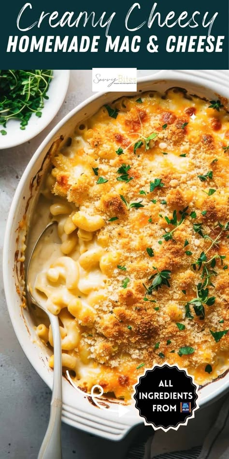 Baked mac and cheese with the best homemade cheesy sauce. A comforting family dinner ready in 30 minutes. Aldi recipe perfect for holidays or any meal. Made on the stove-top, finished in the oven with a crispy breadcrumb topping. Homemade Panko, Homemade Baked Mac And Cheese, Homemade Macaroni And Cheese, Breadcrumb Topping, Desserts Thanksgiving, Baked Mac And Cheese Recipe, Easy Mac And Cheese, Macaroni Cheese Recipes, Yummy Dishes