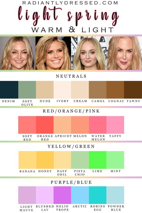 Light Spring Color Palette Clothing, Light Spring Color Pallete, Light Spring Color Palette Wardrobe, Light Spring Seasonal Color Palette, Colour Analysis Spring Clothes, Late Spring Color Palette, Spring Color Analysis Hair, Light Spring Colors Outfits, Spring Color Dresses