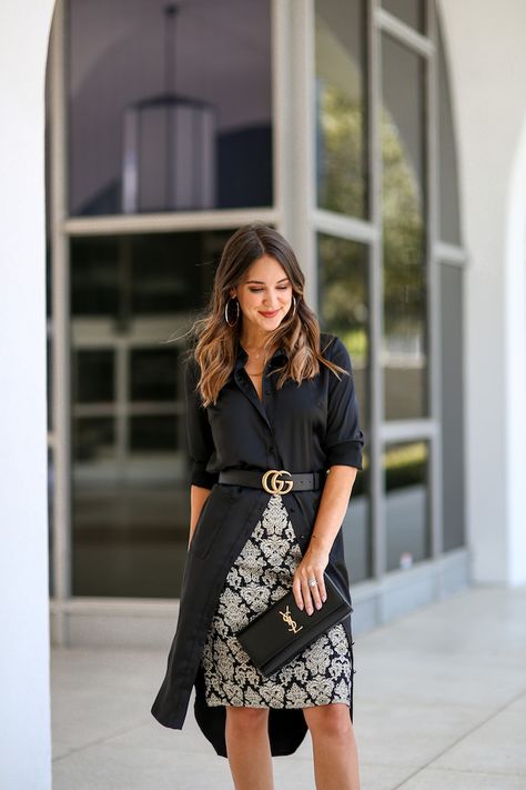 How to Style a Shirt Dress as a Top | Black Shirt Dress, Black and Gold Pencil Skirt, Gucci Belt Gucci Belt Dress Outfit, How To Style A Black Shirt Dress, Belt With Skirt Outfit, Black Dress Shirt Women's, How To Wear A Dress As A Top, Shirt And Belt Outfit, Belted Shirt Outfit, How To Wear Shirt Dress, Styling Shirt Dress