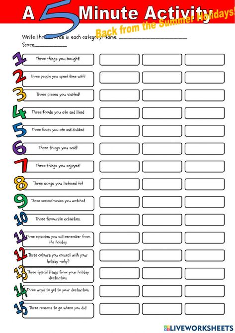 5 Minute Activity Worksheet, 5 Minute Activity, 5th Grade Writing, Esl Teaching Resources, English Teaching Materials, Activity Worksheet, Learning English For Kids, English Grammar Worksheets, Speaking Activities