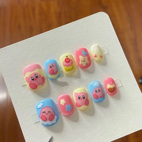 Kirby Inspired Nails, Kirby Nail Design, Nail Art Display Ideas, Kirby Nail Art, Nail Designs Cool, Kirby Nails, Mini Nails, Nail Art Cute, Kids At Heart