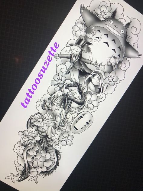 Studio Ghibli Leg Tattoo, Studio Ghibli Tattoo Sleeve Leg, Studio Ghibli Sleeve Tattoo, Ghibli Sleeve Tattoo, Studio Ghibli Tattoo Sleeve, Ghibli Tattoo Sleeve, Studio Ghibli Sleeve, Studio Ghibli Tattoo Ideas, Miyazaki Tattoo