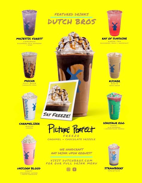 April 2019 Coffe Drinks, Dutch Bros Menu, Dutch Bros Secret Menu, Coffee Calories, Dutch Coffee, Dutch Brothers, Menu Coffee, Dutch Bros Drinks, Star Bucks