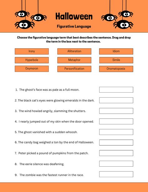 🎃🕸️ Looking for a fun way to teach figurative language this spooky season? Check out my Halloween-themed figurative language worksheet! Perfect for middle and high school ELA, this resource helps students identify similes, metaphors, and more—all with a festive twist. 👻📝 Make your classroom lessons engaging and seasonal! Full color and black & white versions available. Print or use as a digital activity.  #FigurativeLanguage #HalloweenELA #MiddleSchoolELA #TeacherResources Figurative Language Worksheet, Teaching Figurative Language, Teachers Toolbox, Language Worksheets, High School Ela, Figurative Language, Classroom Fun, Digital Activities, Teacher Resources