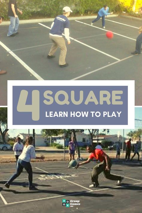 The true beauty of Foursquare is it requires very little equipment to play. All you need is a flat surface, a way to mark out the court, and a ball. Learn the rules and get playing today.  #groupgames #games #groupgames101 #fun #play #outdoorgames #foursquare #4square 4 Square Game Rules, Four Square Game Rules, Schoolyard Games, Four Square Game, 4 Square Game, Outdoor Games For Teens, Fun Office Games, Game Night Ideas Family, Outdoor Games For Preschoolers