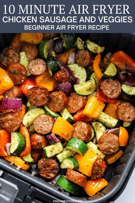 This quick and easy air fryer chicken sausage and veggies recipe is the perfect lazy day meal you can have on the table in minutes. It is loaded with protein and colorful vegetables and you can make it in 10 minutes! Enjoy it as a healthy dinner or lunch any day of the week! Chicken Sausage Recipes Air Fryer, Airfryer Chicken Sausage, Air Fryer Smoked Sausage And Veggies, Air Fryer Chicken Sausage And Veggies, Chicken Sausage And Broccoli, Air Fryer Chicken Sausage, Sausage Air Fryer Time, Chicken Sausage And Veggies, Airfryer Meals