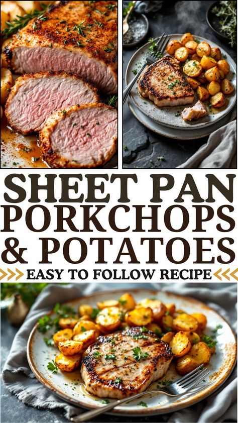 This one pan pork chops and potatoes recipe is the ultimate easy dinner! Juicy, golden-brown pork chops are seasoned with fresh herbs, garlic, and lemon, paired with crispy roasted potatoes—all baked to perfection on one sheet pan. This pork chops and potatoes recipe is quick, flavorful, and perfect for busy nights. Try this sheet pan pork chops and potatoes dish for a no-fuss, delicious meal! #EasyDinner One Pan Pork Chops, Sheet Pan Pork Chops, Sheet Pan Pork, Pan Pork Chops, Crispy Roasted Potatoes, Baked Pork Chops Oven, Pork Chops And Potatoes, One Pan Dinners, Satisfying Meals