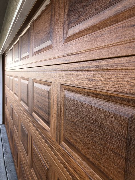 Real Wood Garage Door, Cedar Looking Garage Doors, Garage Door Accents, Brown Garage Doors, Rustic Garage Doors, Fiberglass Garage Doors, Cedar Garage Door, Brown Garage Door, Custom Wood Garage Doors