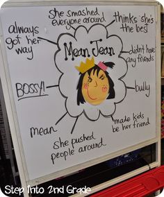 Describing Mean Jean from The Recess Queen                                                                                                                                                      More Recess Queen Anchor Chart, Recess Queen, Bubble Map, Mean Jean, Amy Lemons, It's Wednesday, Counseling Lessons, Guidance Lessons, Elementary Counseling