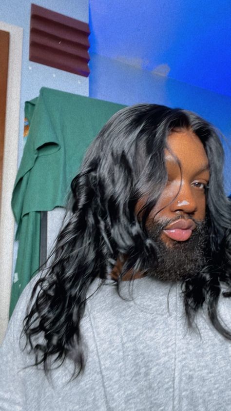 Black men with long straight hair #lacewigs #longhairmen #beard #taixchi Black Men With Straight Hair, Straight Black Hair Men, Black Men Straight Hair, Men With Long Straight Hair, Long Black Middle Part Wig Straight, Black Men With Long Hair, Men Wigs Lace, Body Wave Lace Wig, Black Lace Wig Straight