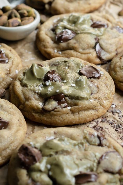 Pistachio Cream Chocolate Chip Cookies - Fresh Bean Bakery Pistachio Baking Recipes, Pistachio Cream Uses, Matcha Pistachio Cookies, Pistachio Paste Cookies, Recipes Using Pistachio Butter, Brown Butter Pistachio Cookies, Desserts With Pistachio Cream, Pistachio Cream Bars, Pistachio Chocolate Cookies