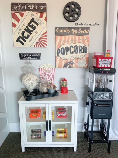 Movie Theater Popcorn Machine, Media Room Popcorn Bar, Movie Room Design Ideas, Popcorn Wall Decor, Movie Theatre Living Room Ideas, Movie Theater Wall Decor, Basement Popcorn Bar, Home Theater Room Accessories, Cinema Room Accessories