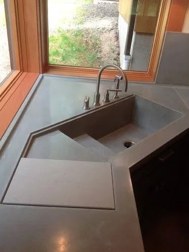 9 Clever Corner Kitchen Sink Ideas To Maximize Space Corner Kitchen Sink Ideas, Concrete Kitchen Sink, Corner Kitchen Sink, Small Kitchen Decoration, Contemporary Kitchen Sinks, Corner Sink Kitchen, Corner Kitchen, Kitchen Sink Design, Small Kitchen Layouts