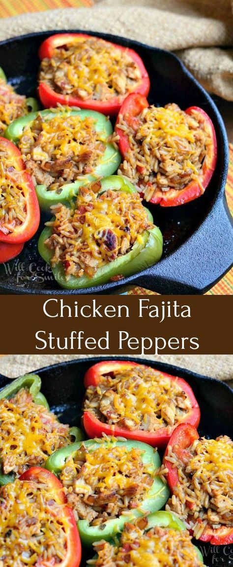 Chicken Fajita Stuffed Peppers Recipe. Delicious dinner made with red and green bell peppers, stuffed with fajita marinated grilled chicken and Spanish rice mixture. #stuffedpeppers #chicken #rice #spanishrice #peppers Stuffed Bell Peppers Chicken, Green Pepper Recipes, Stuffed Peppers With Rice, Red Stuff, Stuffed Peppers Recipe, Bell Pepper Recipes, Chicken Fajita, Green Peppers, Green Stuff