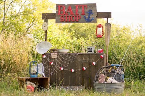 Fishing 1st Birthday Photoshoot, Fishing Party Backdrop, Bait Shop Photo Shoot, Fishing Birthday Backdrop, Fishing Photo Booth, Fishing Backdrop, Fishing Booth, Birthday Fishing, Fishing Themed Birthday Party