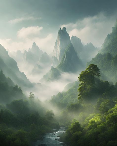 Towering mountains surrounded by lush, emerald forests, shrouded in morning mist, created a majestic and ethereal landscape. Mythical Mountains, Mystical Mountains, Mist Magic, Forested Mountains, Tropical Mountains, Reference Places, Lush Mountains, Smiling Person, Ethereal Landscape