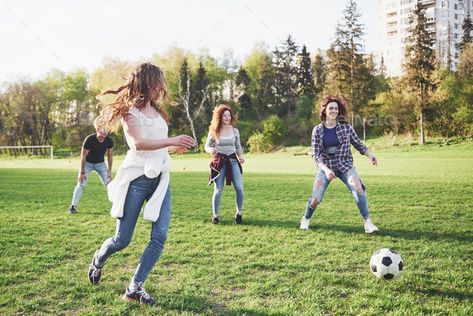 A group of friends in casual outfit play soccer in the open air. People have fun and have fun by mstandret. A group of friends in casual outfit play soccer in the open air. People have fun and have fun. Active rest and scenic... #Sponsored #play, #soccer, #open, #outfit People Playing Soccer, Playing Soccer, Soccer Images, People Having Fun, Brunette Woman, Soccer Games, Play Soccer, Group Of Friends, Slumber Parties