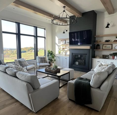 Living Room Couch With Fireplace, Living Room Seating With Fireplace, New Construction Living Room, Leather Furniture Living Room Ideas, Modern Farmhouse Gas Fireplace Ideas, How To Brighten A Dark Living Room, Modern Fireplace With Built Ins, Black White Gray Living Room, Angled Ceiling Living Room