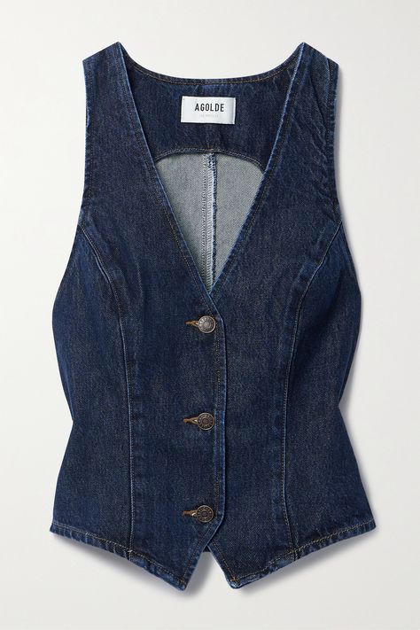 It only makes sense that AGOLDE, renowned for its jeans, would imagine the season's favorite waistcoat-style vest in denim. Made from recycled cotton, this 'Heller' style has curved seams tracing the slim shape. Underpin yours with a turtleneck or wear it on its own. Denim Vest Outfit, Denim Sewing Projects, Crop Denim Vest, Clothing Aesthetic, Green Carpet, Simple Outfit, Fashion Capsule, Recycled Denim, Vest Outfits