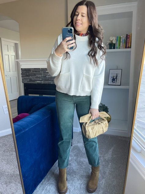 5 Ways To Style Green Corduroy Pants This Season - The Mom Edit Dark Corduroy Pants Outfit, Gray Courderoy Pants Outfit, Green Courdory Pants Outfit, Gray Corduroy Pants Outfit, Green Courderoy Pants Outfits, Grey Corduroy Pants Outfit, Blue Corduroy Pants Outfit, Green Corduroy Pants Outfit, Birkenstock Boston Outfit