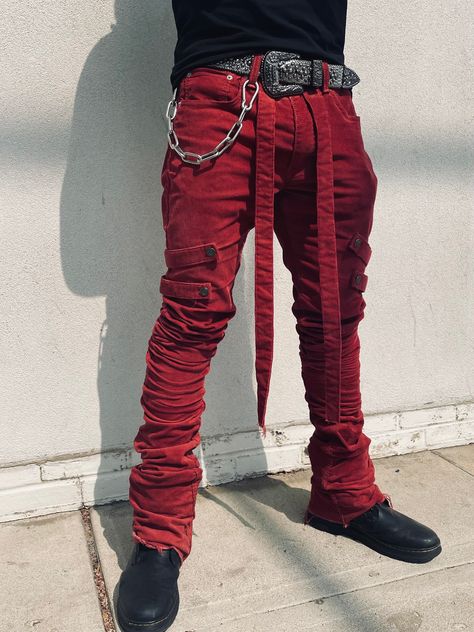 Custom 1 of 1 Mens Stacked jeans Made from Levis 512 Red Corduroy Mens Black And Red Outfit, Red Clothing Men, Red Punk Outfits Men, Mens Gothic Clothing, Custom Stacked Jeans, Black And Red Clothes, Rockstar Style Men, Mens Corset, Modern Punk Fashion